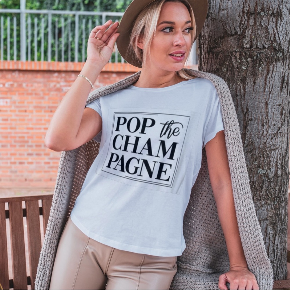 Pop The Champagne Tshirt 100% Soft Cotton Blend - Picture 2 of 4